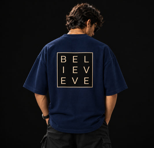 Believe – Navy Blue Premium Terry Oversized T-Shirt