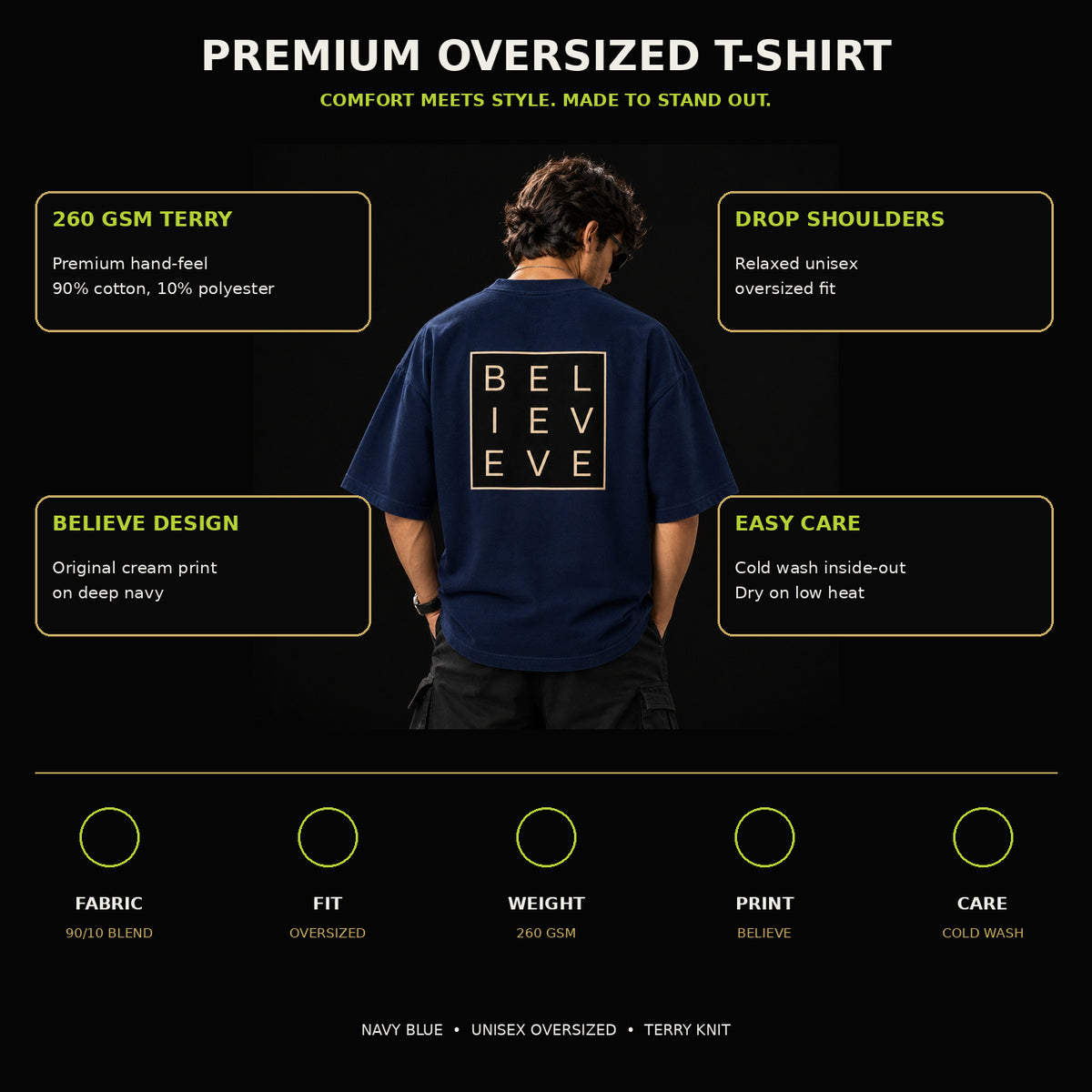 Believe – Navy Blue Premium Terry Oversized T-Shirt