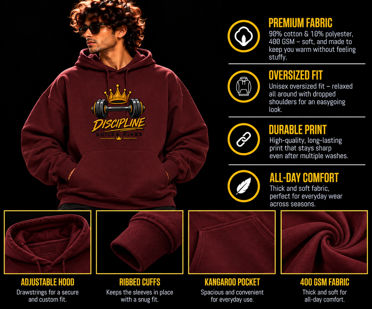 Discipline Builds Kings – Maroon Heavyweight Oversized Hoodie