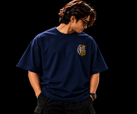Hustle Grind Execute Repeat – Navy Blue Terry Oversized T-Shirt