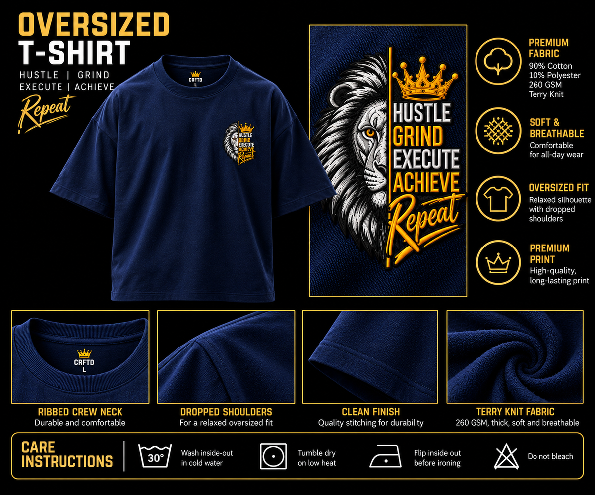 Hustle Grind Execute Repeat – Navy Blue Terry Oversized T-Shirt
