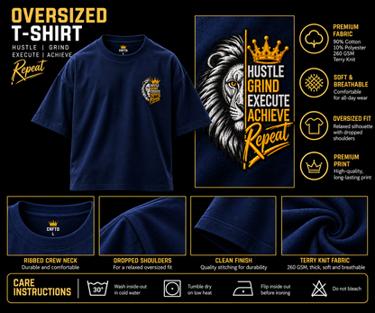 Hustle Grind Execute Repeat – Navy Blue Terry Oversized T-Shirt